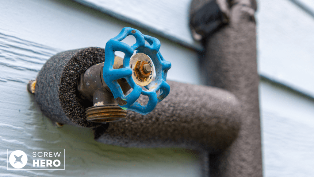 Homeowner insulating pipes to prevent burst pipes in UK winters.